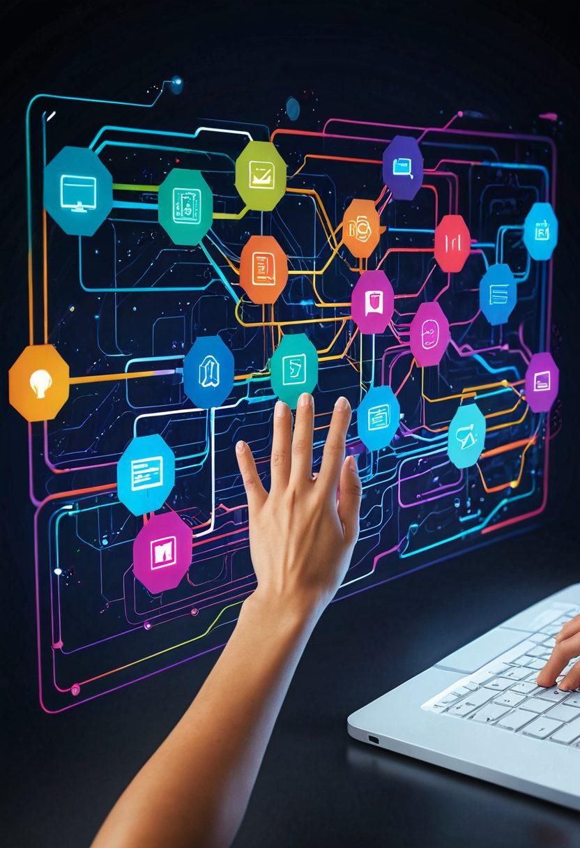 An engaging visual transition showcasing a flowchart morphing into a dynamic drag-and-drop interface, highlighting user interactions with colorful nodes and connection lines. Include hands interacting with the interface, illustrating transformation and ease of use in design. The background should be a sleek workspace with futuristic elements, conveying innovation. vibrant colors. digital illustration.