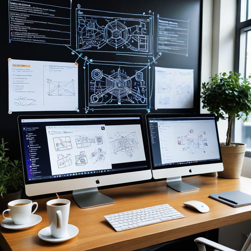 A modern web development workspace featuring an interactive UI display with jsPlumb connections visualized as vibrant, colorful lines linking various web components. Include a laptop with code on the screen, surrounded by design sketches and coffee cups. The atmosphere should convey creativity and innovation, with bright lighting and modern decor. super-realistic. vibrant colors. 3D.